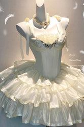 ホワイト トリプルレイヤー フリル 蝶結び レース スイート プリンセス ロリータ Jsk ドレス